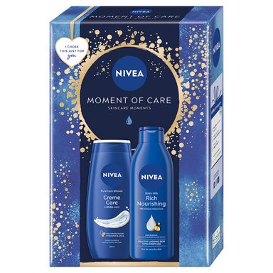 Image for product NIVEA Moment of care poklon paket 2024 (mlijeko za tijelo 250ml + gel za tuširanje 250ml)