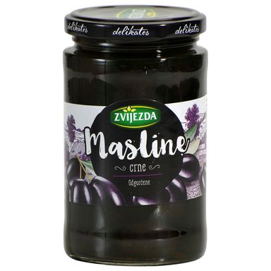 Image for product ZVIJEZDA Masline crne odgorčene 350g, ocijeđena masa 200g