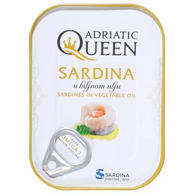 Image for product ADRIATIC QUEEN SARDINA POSTIRA Sardina u biljnom ulju 105g (ocijeđena masa 73.5g)