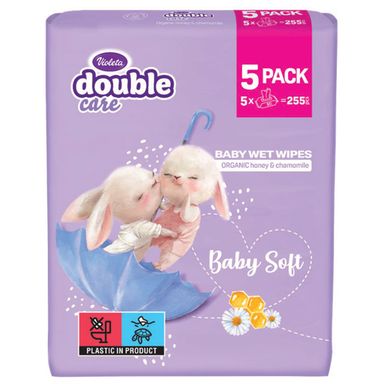 Image for product VIOLETA DOUBLE CARE BABY Baby soft vlažne maramice med i kamilica, 5x51 komada